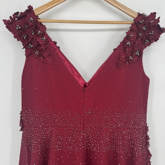 Mac Duggal Dress Womens 14 Red Beaded 3D Floral Tulle Maxi Formal Gown Evening - Picture 15 of 15